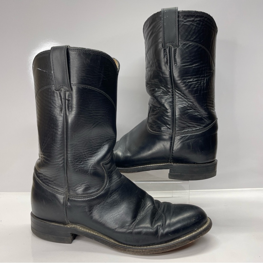 JUSTIN VTG Mens Black Leather Ropers 3133 Western Cowboy Boots Sz 7.5 D USA Made